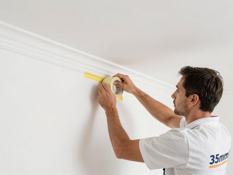Crisp architectural photography, bright natural daylight, a painter in a clean branded uniform meticulously taping off baseboards with sharp-edged masking tape, 35mm.