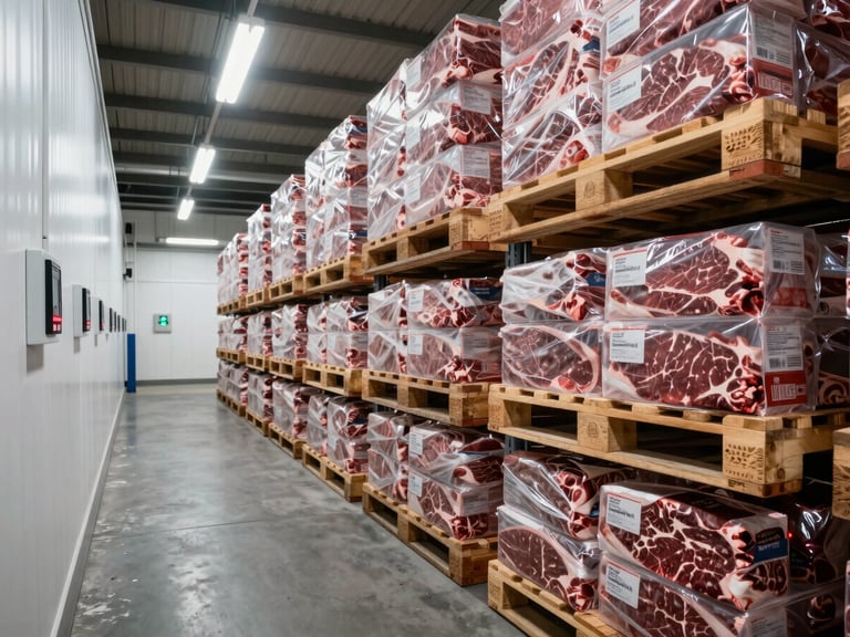 Wide documentary shot of a refrigerated warehouse interior, pallets of boxed beef stacked on racking systems under cool fluorescent industrial lighting, temperature monitoring panels visible on the left wall, no people
