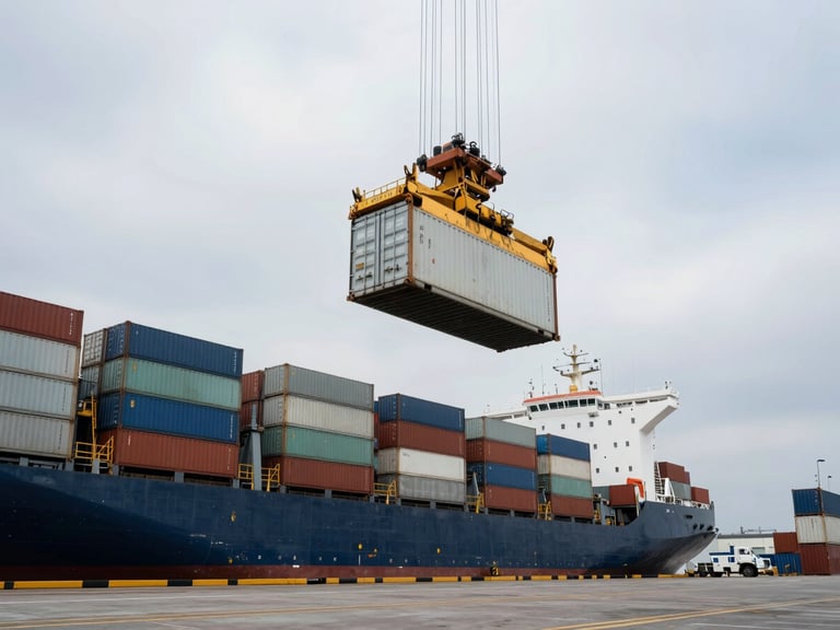 Documentary wide angle of a cargo port at overcast midday, a refrigerated shipping container being loaded onto a vessel by crane, container yard visible below, cool flat daylight, no people in foreground