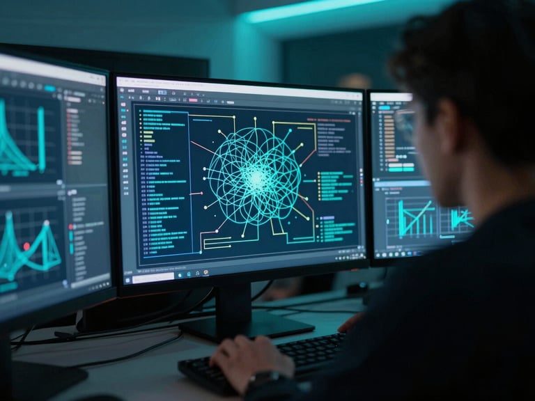 Over-the-shoulder view of a developer analyzing complex neural network architecture on ultra-wide screens, low-key ambient neon cyan lighting, shallow depth of field, 35mm lens
