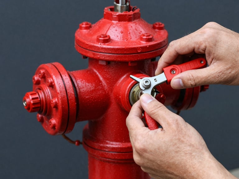 Close-up of hands checking a red hydrant valve with technical tools, high contrast industrial lighting, deep charcoal and safety red tones, sharp focus, 35mm