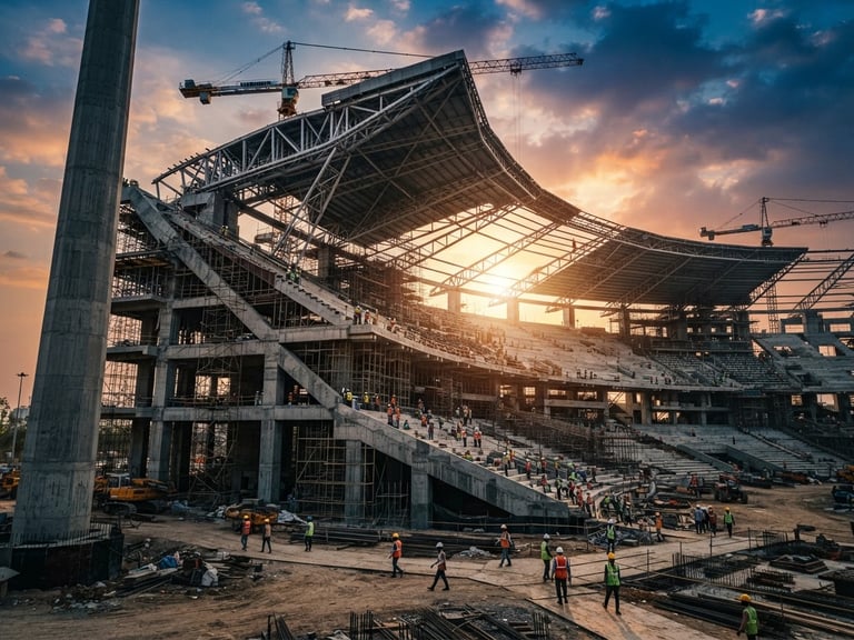 Low-angle heroic perspective of a modern sports stadium under construction in India, dramatic golden-hour sunlight casting long high-contrast shadows, premium sports editorial photography, sharp focus, 35mm architectural lens