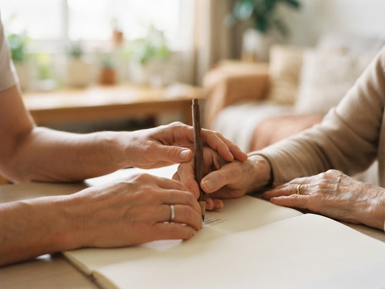 Close-up of warm, supportive hands guiding a patient's hand to hold a wooden pen, soft natural daylight, shallow depth of field, warm therapeutic interaction