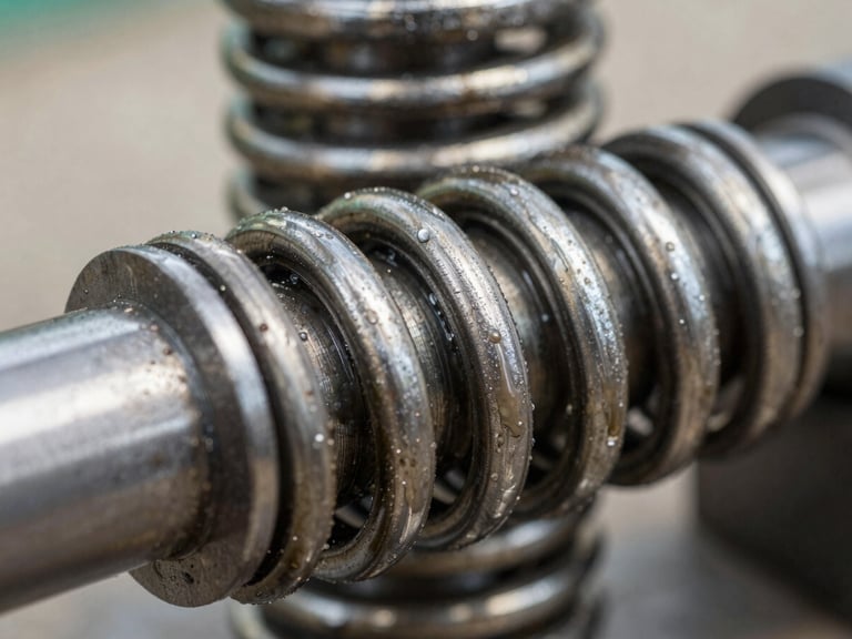 Macro close-up of a heavy-duty steel torsion spring wound tightly around a solid metal shaft, clean industrial grease visible on the coils, sharp focus, natural daylight