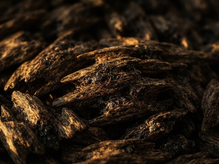 Macro close-up of dark resin-soaked agarwood chips, warm golden-hour side-lighting, deep shadows, rich woody textures