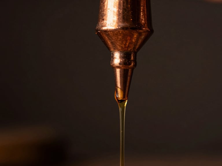 Macro close-up of thick golden amber oud oil slowly dripping from a traditional copper still nozzle, dark moody background, low-key lighting.