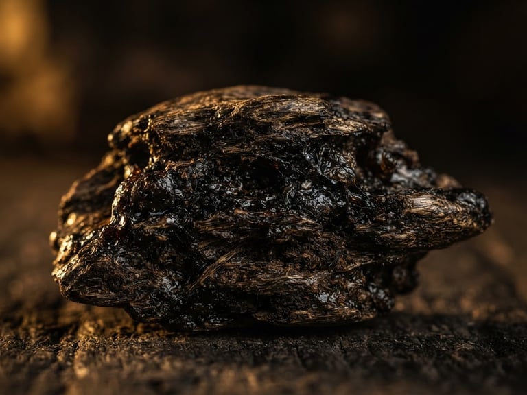 Macro photography of a dark, resin-soaked agarwood chip, dramatic side-lighting, warm golden-hour glow on rich wood textures, dark background