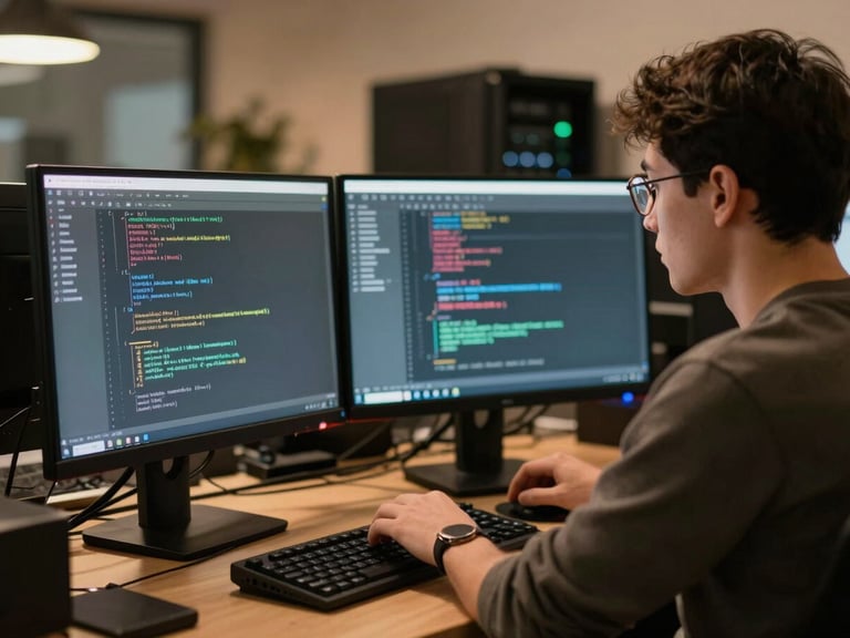 Cozy indoor agency environment with a technician analyzing server code on dual monitors, warm monitor glow, shallow depth of field, 35mm editorial photography