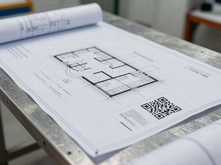 Close-up wide shot of an architectural blueprint spread on a steel site table under overcast daylight, a QR code verification document pinned to its corner, engineering permit stamps partially visible, clean and ordered, no people