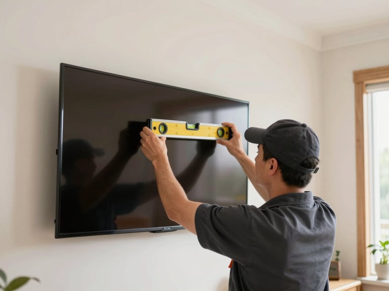 Handyman carefully mounting a flat-screen TV on a wall, level tool visible, clean residential interior, sharp depth of field
