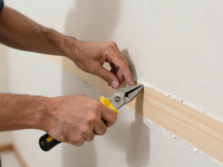 Close-up of a handyman's hands smoothly patching a drywall section, bright natural daylight, clean tools, sharp depth of field