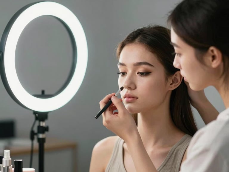A student practicing makeup application on a live model under a bright professional ring light in a sleek, modern studio setting, shallow depth of field.