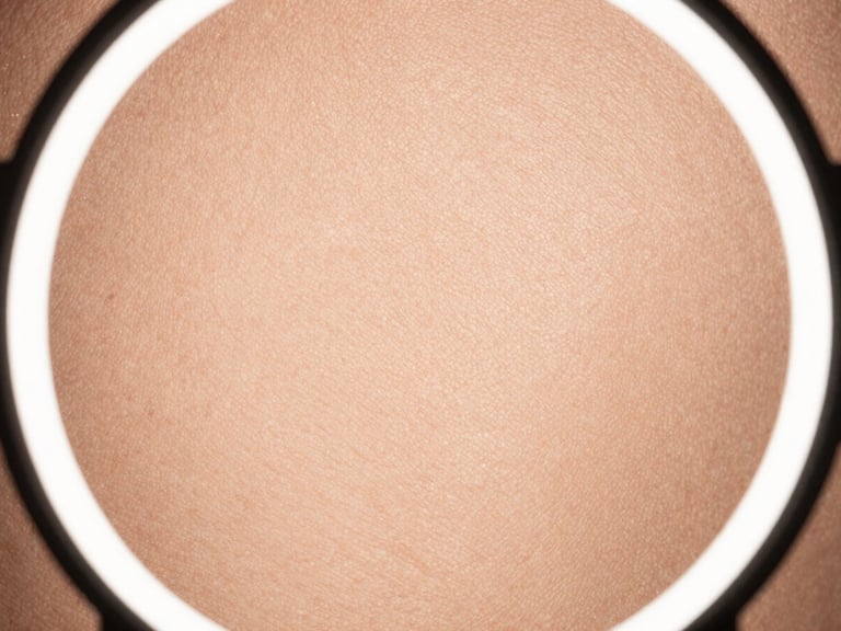Extreme macro close-up of flawless real skin texture under professional studio ring light, showcasing detailed pores and fine champagne-gold shimmer, no digital blurring.