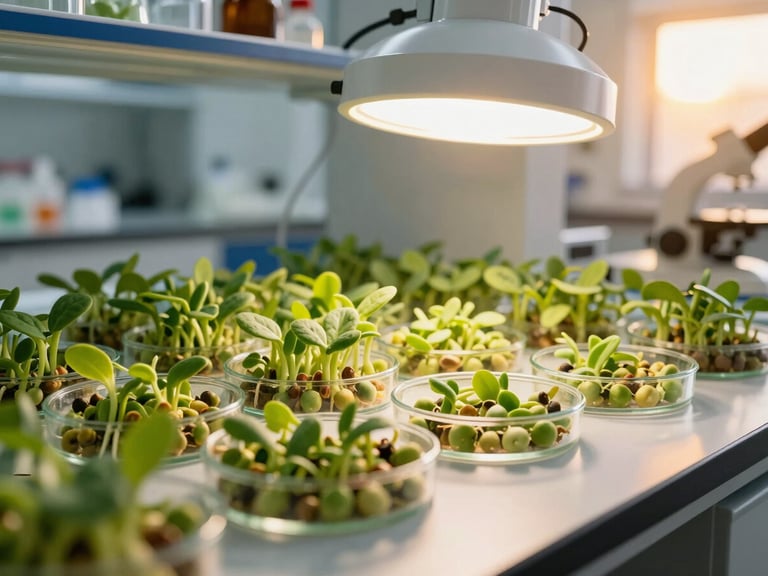 Clean modern agricultural laboratory, petri dishes with sprouting green seeds under precise white light, scientific equipment in background