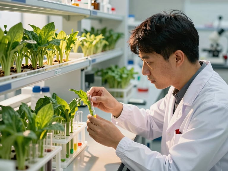 A modern agricultural laboratory with a researcher examining green crop shoots in test tubes, bright clean daylight, scientific breeding focus