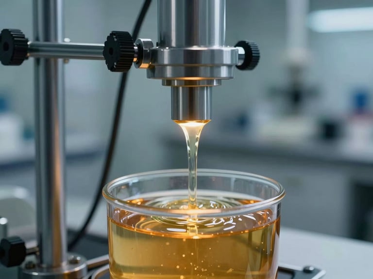 A close-up of industrial liquid testing equipment in a sterile laboratory, analyzing a golden biofuel feedstock sample under cool light