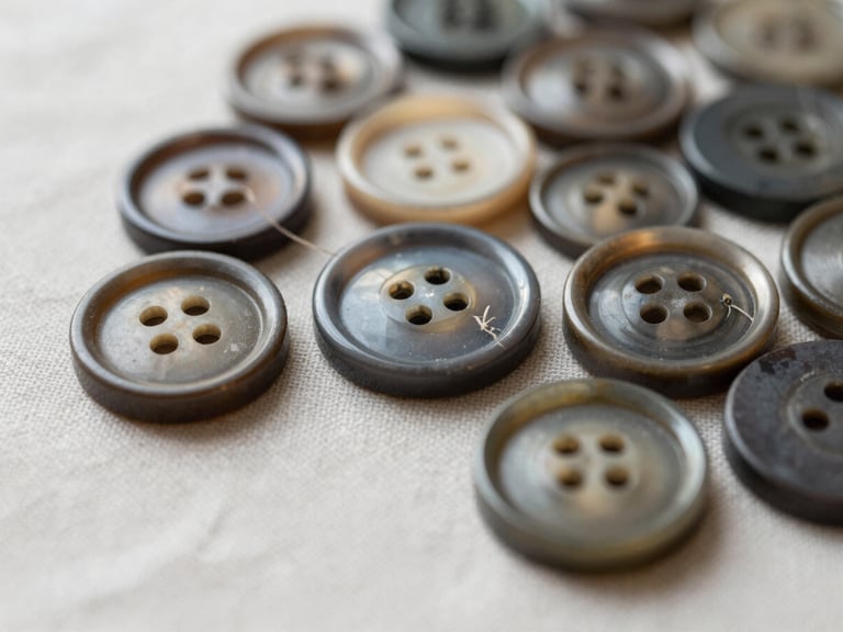 Macro close-up of vintage buttons and worn-in threads on a light neutral linen surface, soft diffused morning lighting.