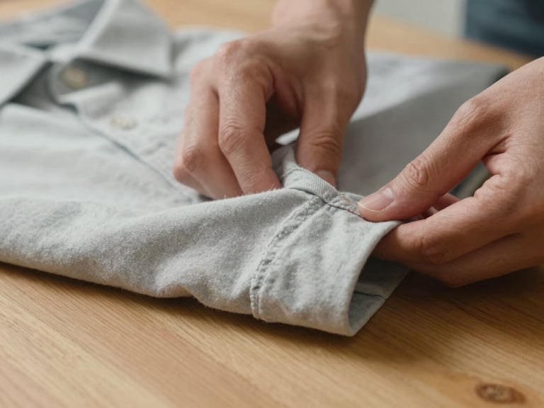 Close-up macro shot of hands carefully folding a soft, faded cotton shirt on a clean wooden worktable, warm diffused natural light highlighting the textile texture.