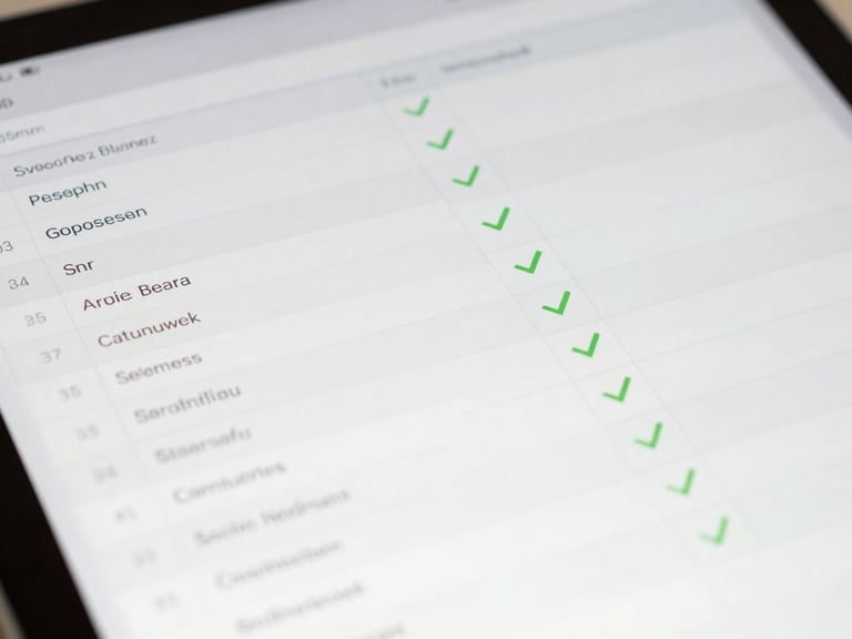Macro shot of a tablet screen showing a clean database grid of employee names and green checkmarks for station certifications, slate and white tones, 35mm