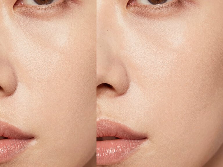 Macro split-screen shot showing skin texture before and after applying a luxurious rose-gold foundation, soft diffused studio lighting, authentic skin texture