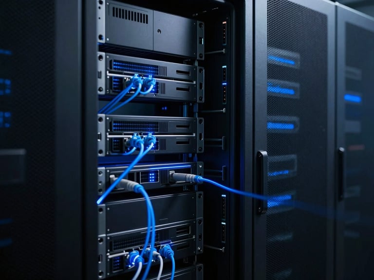moody cinematic technology photography, abstract blue light trails representing fast data transfer in a dark server room, ultra-sharp focus, 35mm