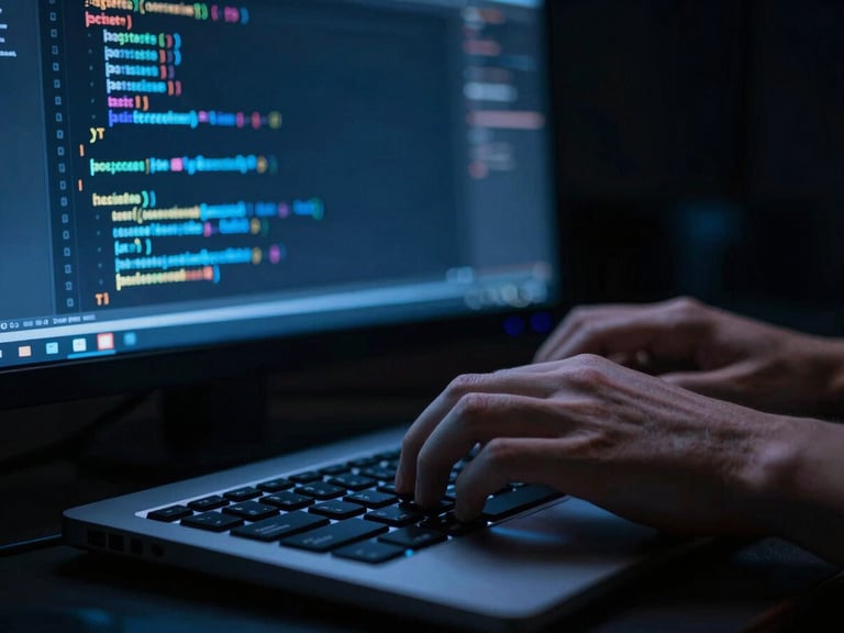 moody cinematic technology photography, close-up of a keyboard and hands typing code on a dark screen with blue neon reflections, ultra-sharp focus, 35mm