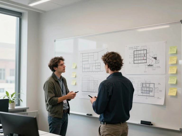 Wide environmental shot of two engineers at a large whiteboard mid-discussion, sticky notes and architecture diagrams covering the board, a real client office setting, natural daylight from tall windows to the left, documentary candid framing