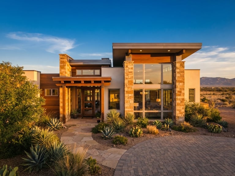 A bright luxury home exterior in Hobbs, New Mexico, warm golden-hour architectural photography, straight vertical lines, rich saturated tones
