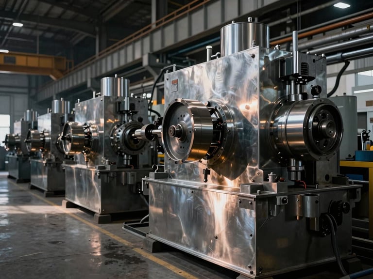 Wide shot of heavy industrial machinery on a factory floor, high-contrast steel reflections, dramatic industrial lighting, sharp focus, 35mm lens.