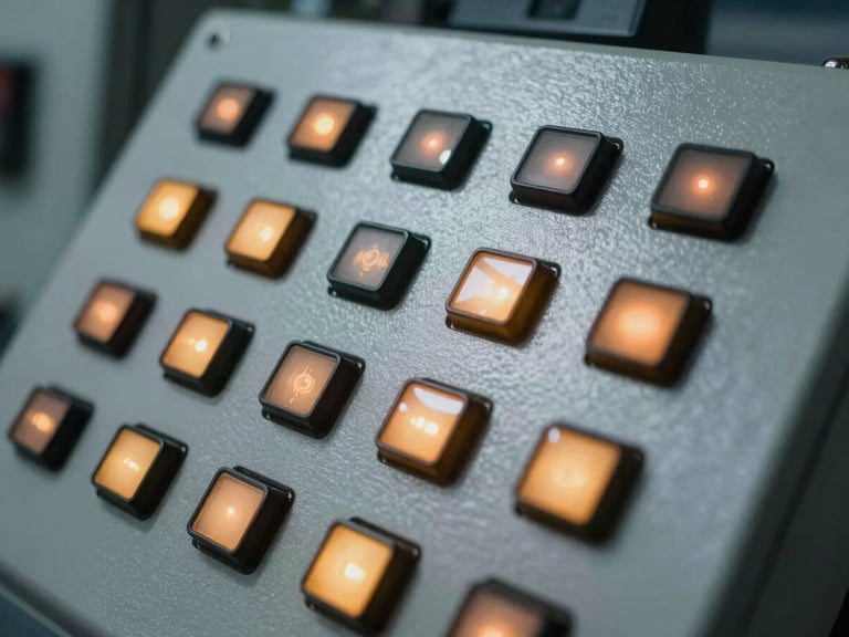 Close-up of a ruggedized industrial control panel with illuminated buttons, cool metallic tones with amber accents, sharp focus, 35mm lens.