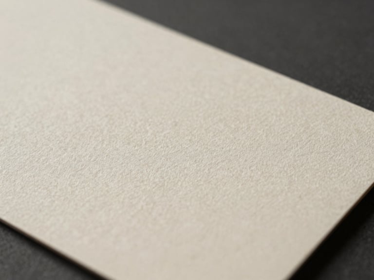 Extreme close-up of a heavy debossed business card on uncoated linen paper, casting a soft shadow under natural side-light.