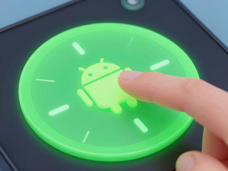 Vibrant 3D digital render of a custom Android dial widget on a dark screen, soft neon-green ambient glow, macro shot of finger tapping the physical-looking digital button