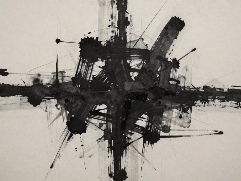 A close-up of a contemporary Indian abstract painting. Saturated black ink strokes on raw canvas, showcasing high-detail textures and expressive brushwork under soft gallery lighting.
