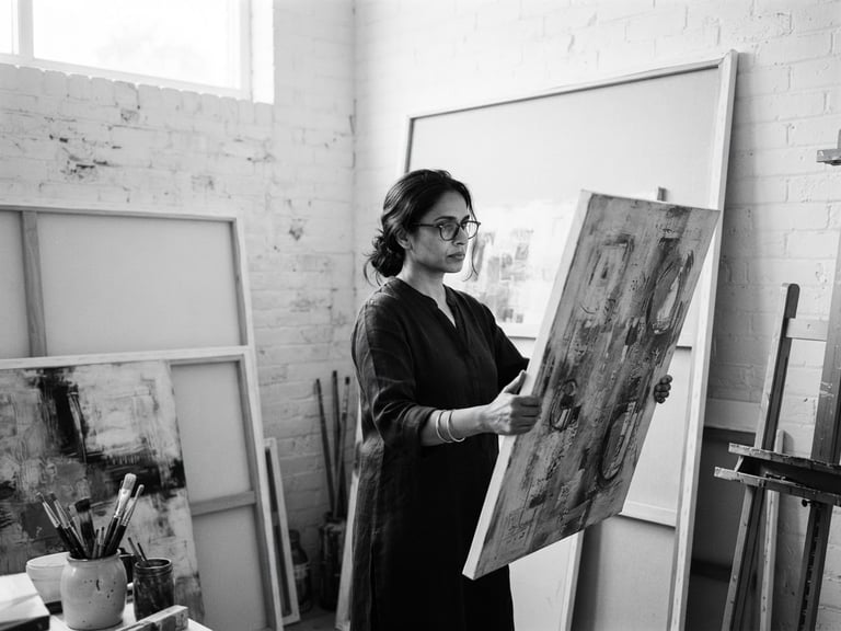 High-contrast black and white medium format portrait of an Indian fine artist in a sunlit studio, surrounded by large stretched canvases, soft natural light from a high window, minimalist composition.