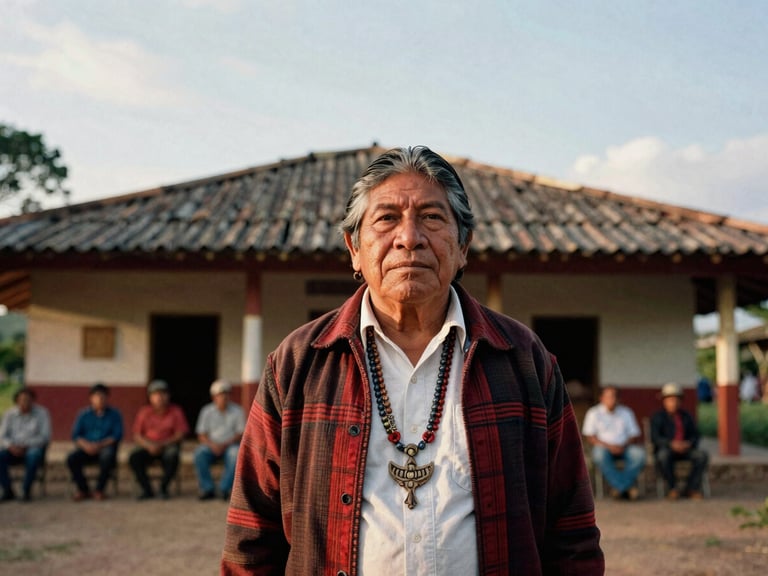 Dignified environmental portrait of an indigenous leader standing in front of a community assembly hall in Colombia, soft natural daylight, rich earthy tones, medium format film look