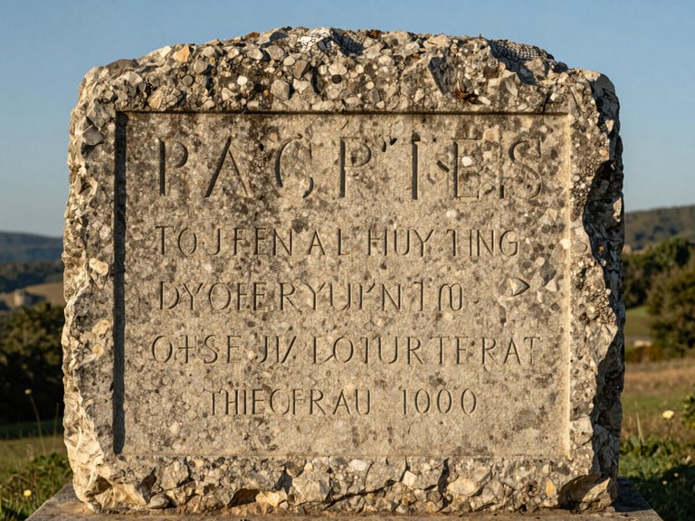 Gros plan sur une borne en pierre historique gravée, scellée dans le sol herbeux d'un alpage des Pyrénées-Orientales, lumière rasante du matin révélant les textures de la roche.