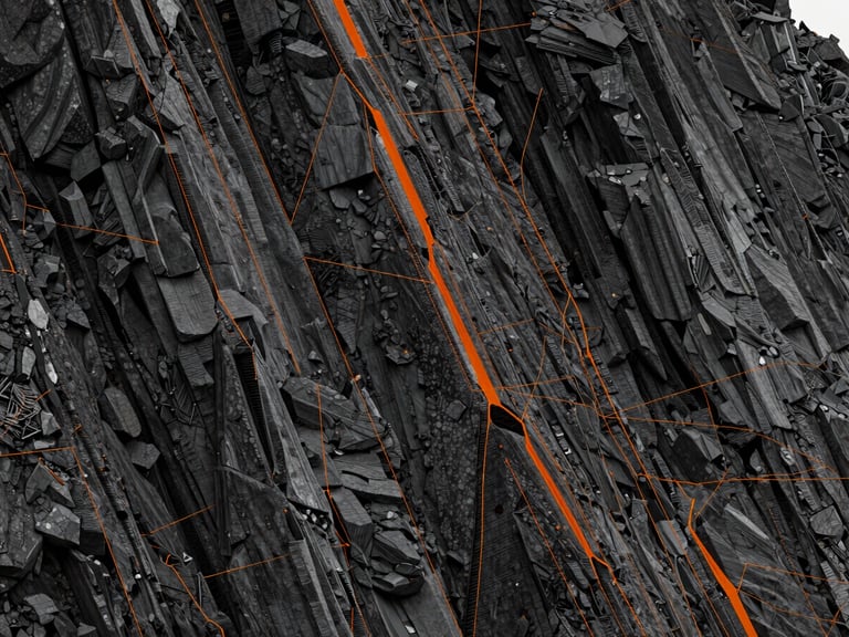 High-contrast 3D point cloud visualization of a rocky cliffside in the Conflent, with sharp orange coordinate lines overlaid on deep slate gray data points.