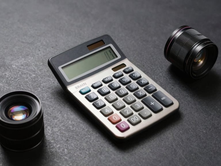 Wide flat-lay composition of a vintage Braun calculator and modernist design assets on a dark charcoal surface, stark high-contrast studio lighting, sharp shadows.