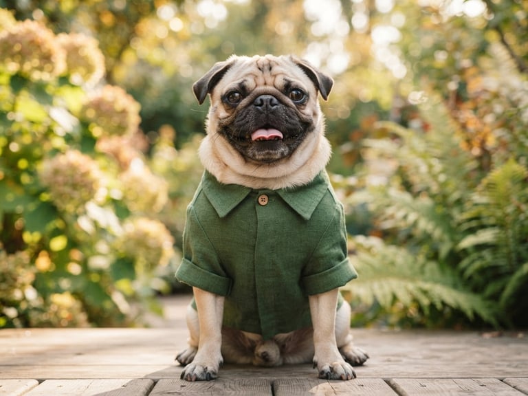 Warm editorial photography of a happy pug wearing a perfectly fitted forest green linen shirt, soft outdoor morning sun, shallow depth of field, 35mm lens