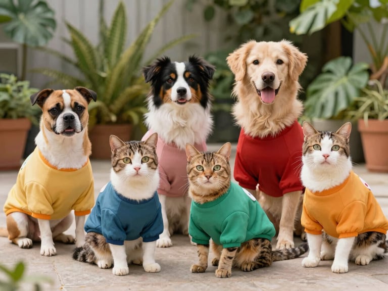 Perros y gatos de diferentes razas usando la última colección de ropa de temporada, con colores vivos y diseños alegres, en un ambiente de jardín.