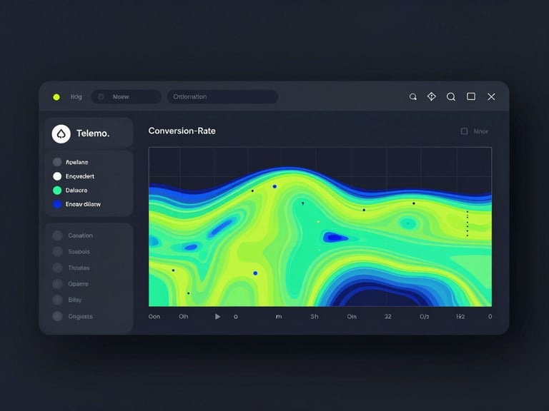 A high-fidelity UI wireframe showing conversion-rate optimization heatmaps, crisp vector lines, electric-mint highlights on a deep charcoal background, studio lighting.