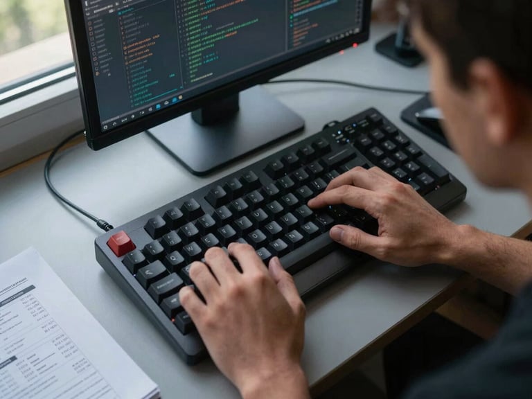 Close overhead crop of an engineer's hands at a mechanical keyboard, terminal window open on a dark monitor showing deployment logs, cool daylight from a window to the upper left, a printed configuration sheet visible at the edge of the desk — tight framing, no face visible