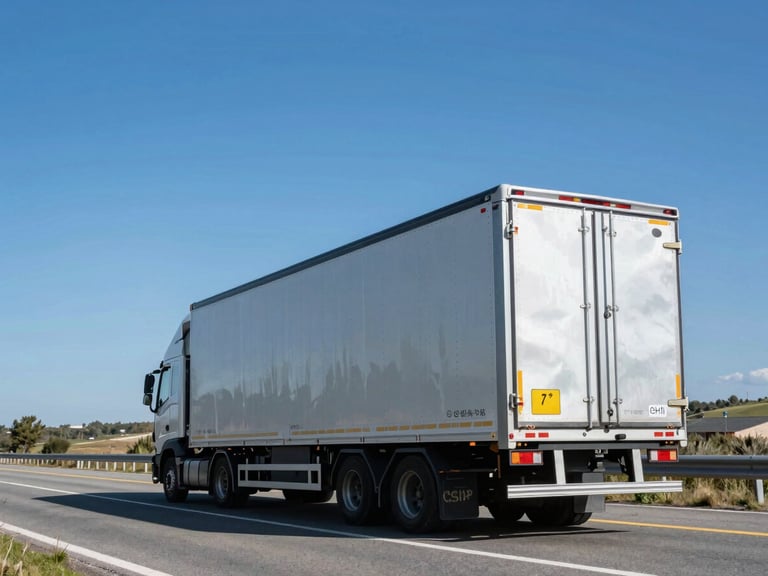 Wide-angle crisp commercial photography of a modern multi-car open transport trailer driving on a scenic highway under bright natural daylight, deep blue and silver tones, sharp focus.