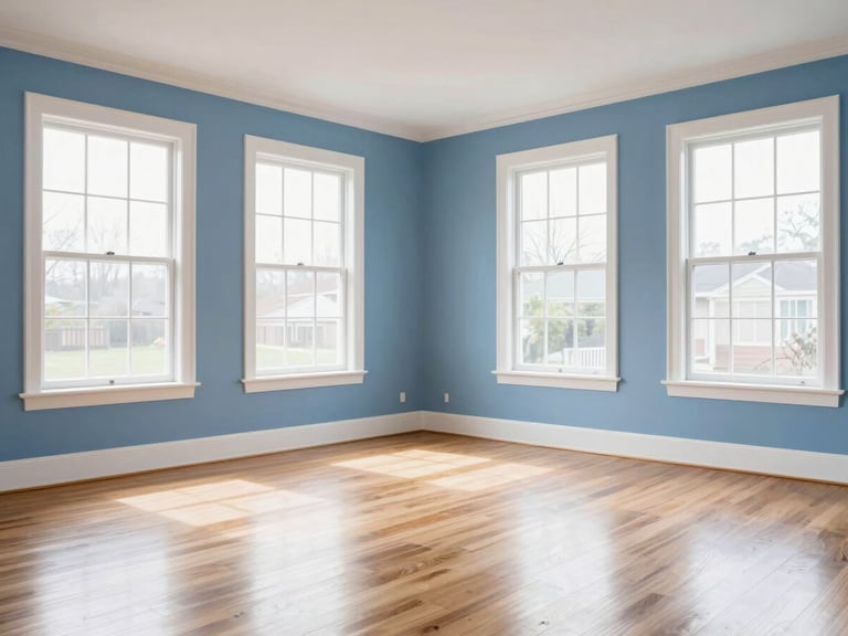 An immaculate post-clean living room with polished hardwood floors, bright natural daylight streaming through large windows, clean blue and white interior tones, sharp focus