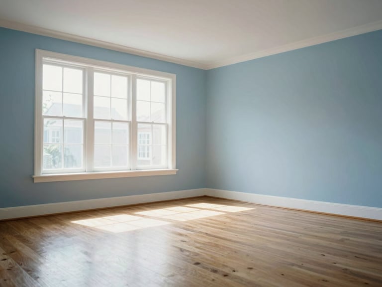 An immaculate, sunlit empty living room with polished hardwood floors, bright natural light streaming through large windows, 35mm