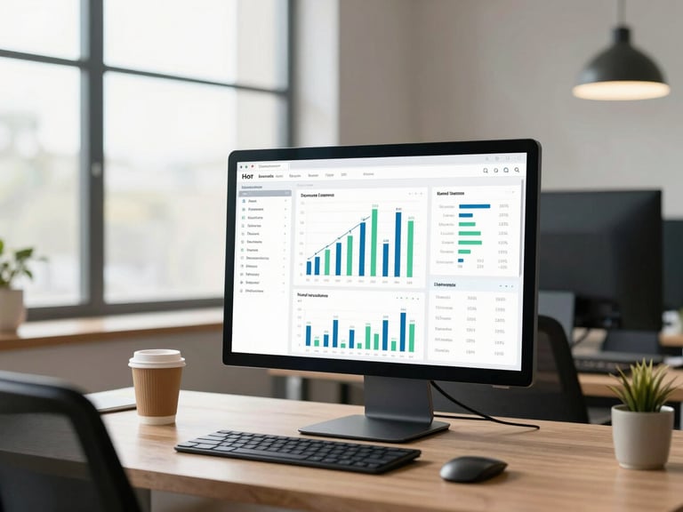 An organized modern Indian business workspace with clean financial dashboards visible on screen, soft window light.