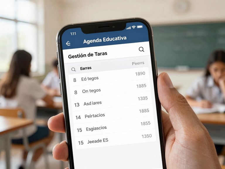 Captura de pantalla de la aplicación móvil de Agenda Educativa mostrando la interfaz de gestión de tareas con una lista de asignaciones y fechas de entrega.