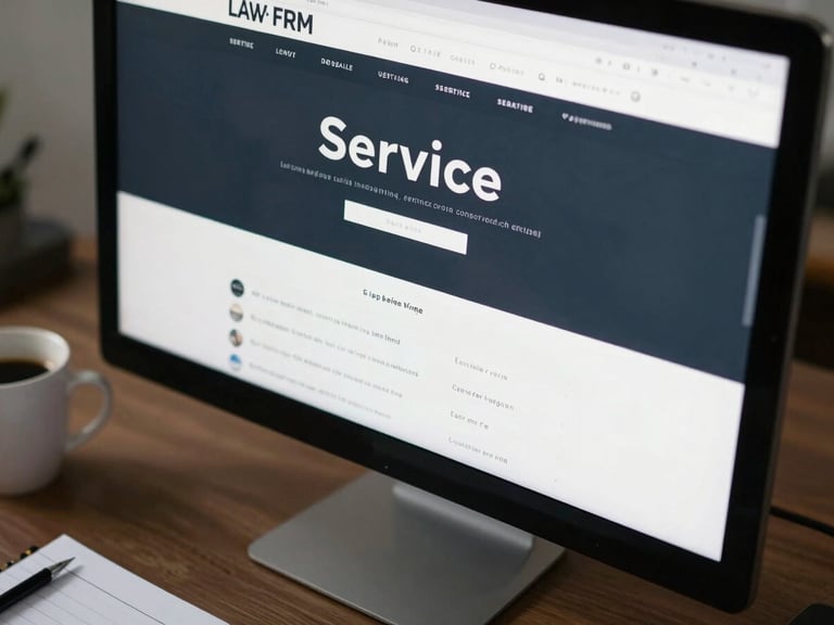 Close-up of a desktop monitor showing a law firm website with a structured service navigation, clean sans-serif typography and muted dark palette visible, desk surface with a coffee mug and legal notepad partially in frame, controlled cool office lighting