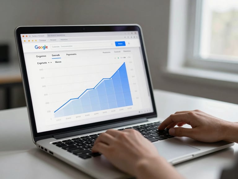 Close-medium shot of a laptop on a plain desk, screen showing a Google Search Console performance dashboard with organic click and impression lines trending upward over six months, bright ambient daylight from a window to the right, hands partially visible resting on the keyboard, background softly out of focus