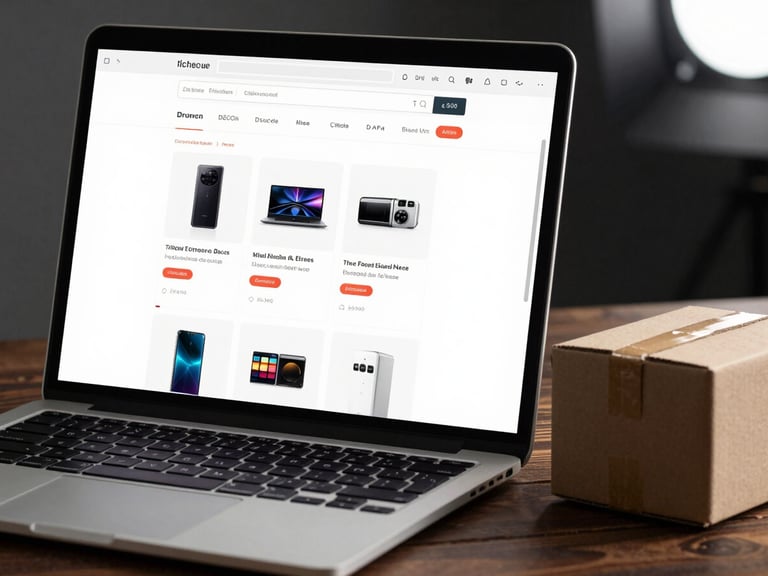 Tight close-up of a laptop screen showing an e-commerce product category page with structured product grid and breadcrumb navigation, placed on a dark wooden surface with a small cardboard shipping box beside it, clean directional studio light from the upper right
